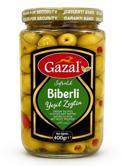 GAZAL OLIVES 400 GR WITH GREEN PEPPERS (181-200) GLASS*6